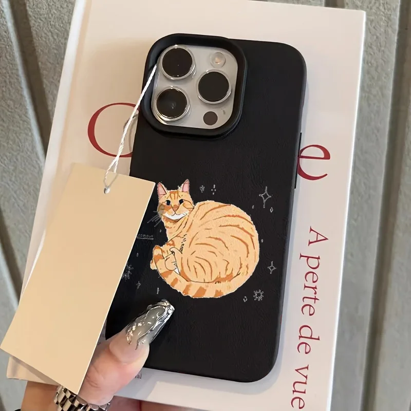 Cute Fat Orange Cat Pattern Lichee leather pattern Phone Case For iPhone 17e 17 16e 16 15 14 13 12 11 Air Pro Max Plus XSMax
