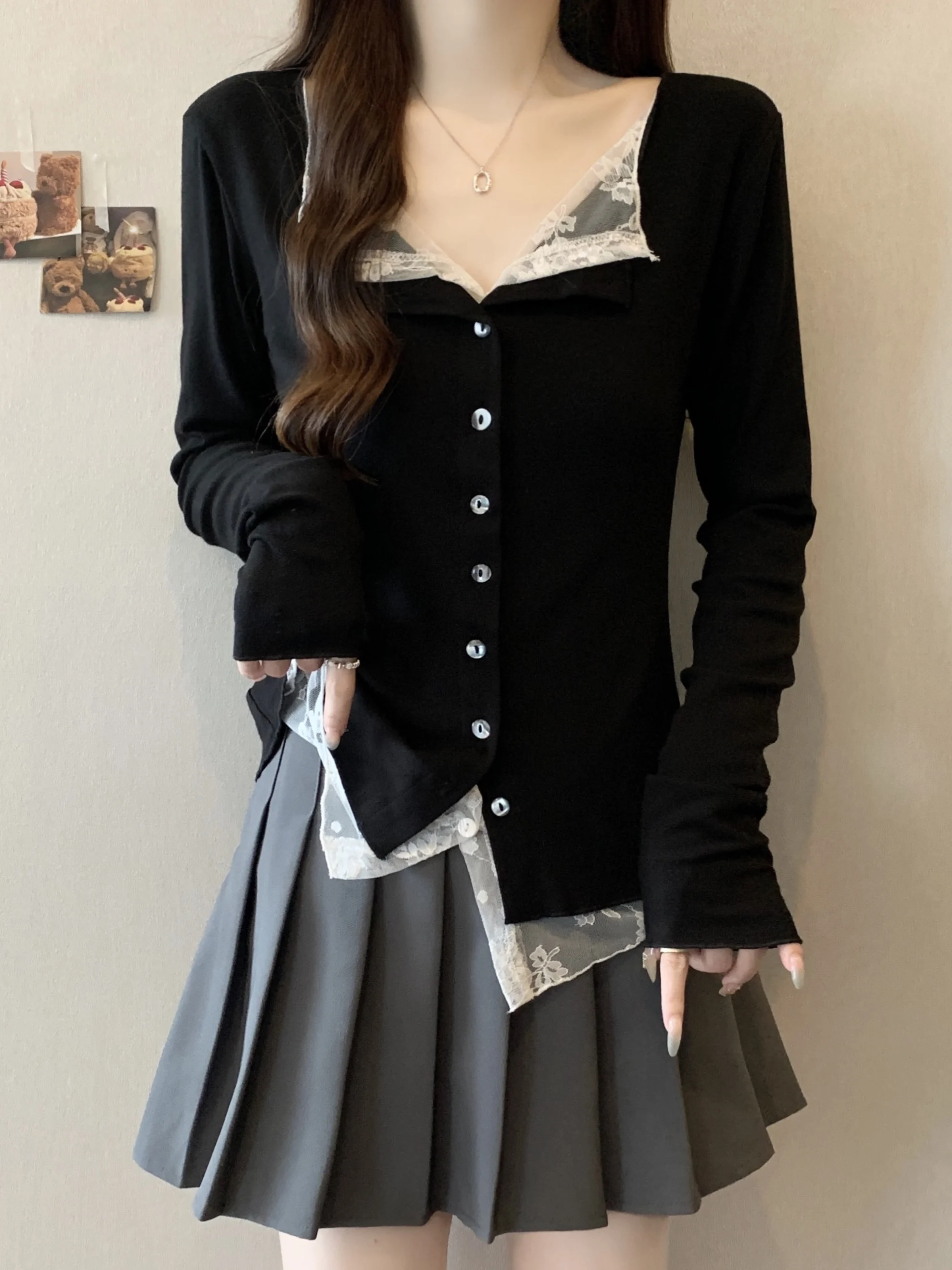 

plus Size Women's Long Sleeve T-Shirt Lace Panel V-Neck Princess Fit Base Layer Shirt Inner Wear Top Sweet Style Cotton Polye...