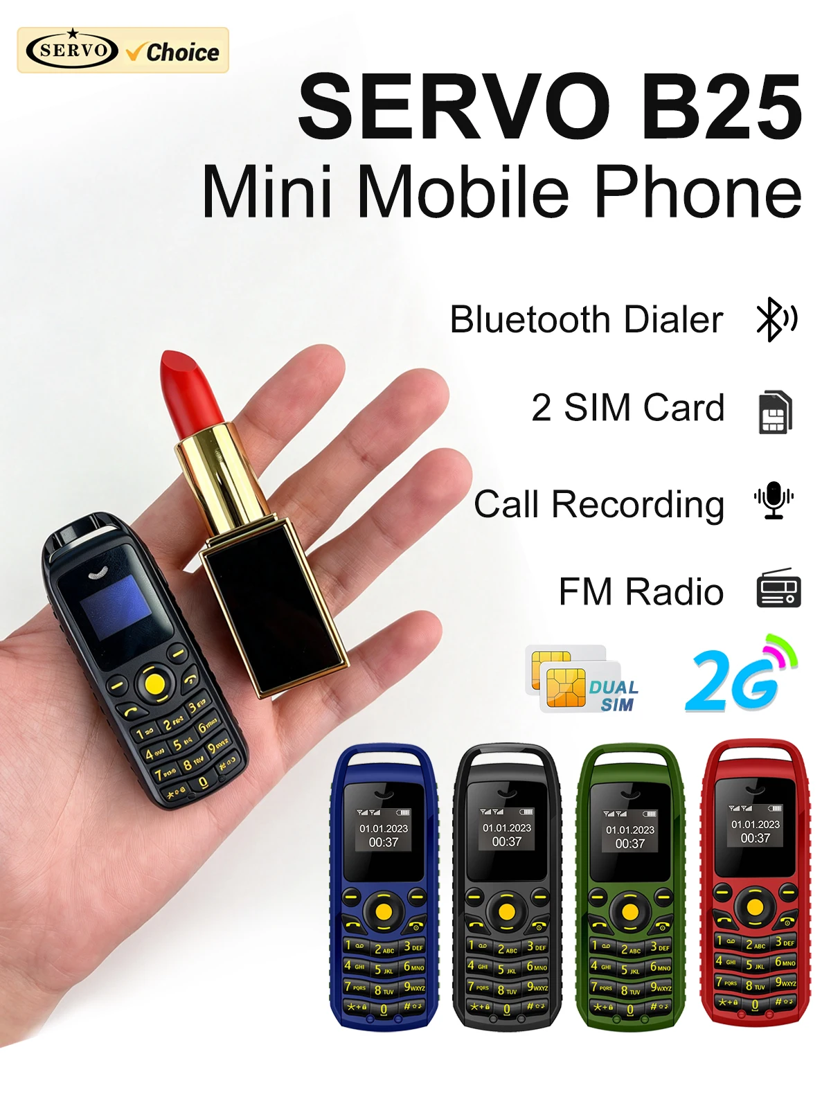 SERVO Super Mini Smartphone 2G GSM Dual SIM Standby Magic Voice Auto Call Recording Small Backup Mobile Phones Alarm Clock