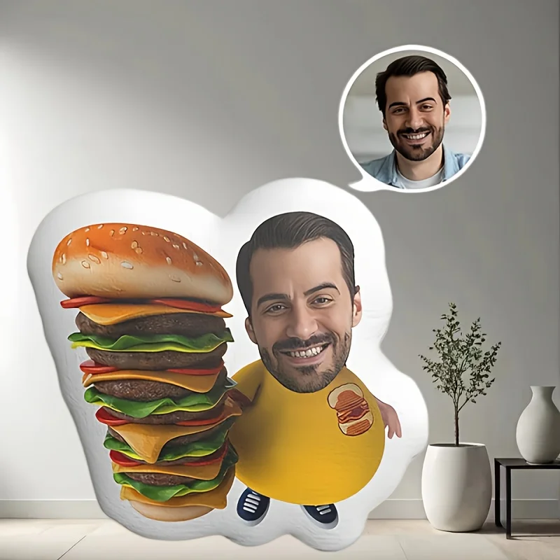 Custom Burger-Themed Throw Pillow, the Ideal Gift for Burger Lovers. Whether Placed in the Living Room, Bedroom, or Even the Hom