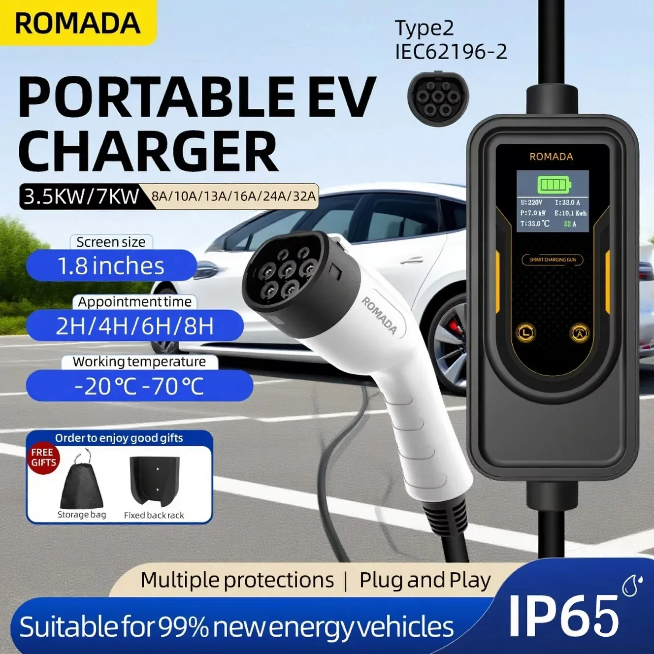ROMADA Type2 GBT20234 Carregador EV portátil 3.5KW 16A Carregador de carro elétrico EVSE Cabo de carregamento Wallbox 5M 10M Cabo
