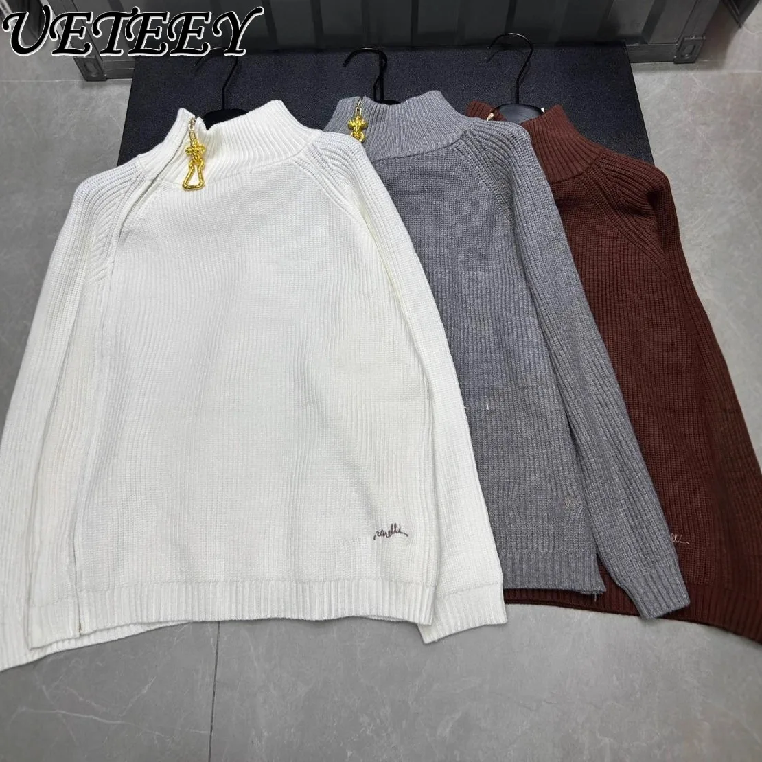 

Brown Side Zipper Sweater for Women Autumn and Winter 2026 New Soft Solid Color Pullover Versatile Stand Collar Knitted Top