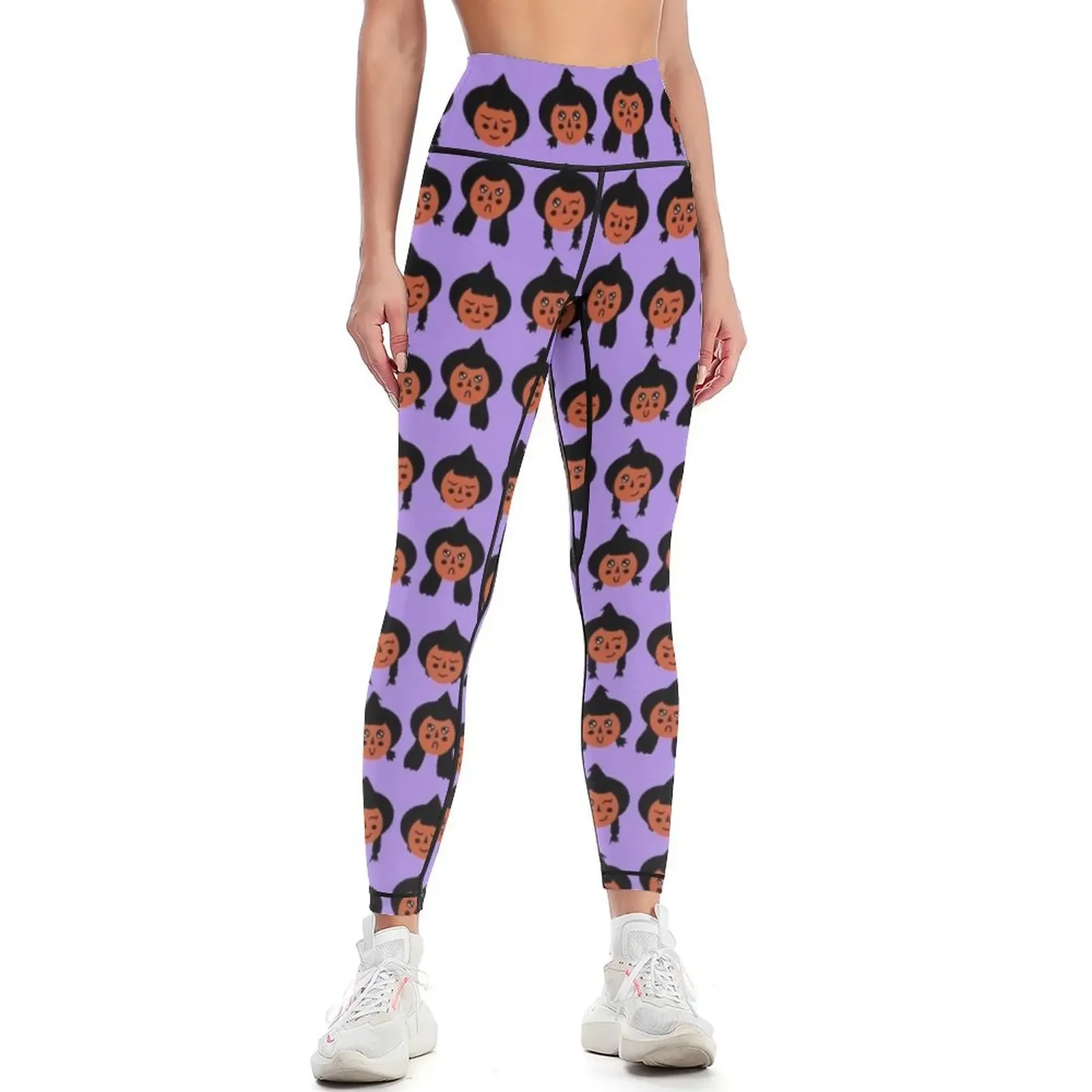 Burnt Orange & Pastel Purple Cute Witch Faces Pattern Leggings sportswear gym sports for gym Women's sportswear Womens Leggings