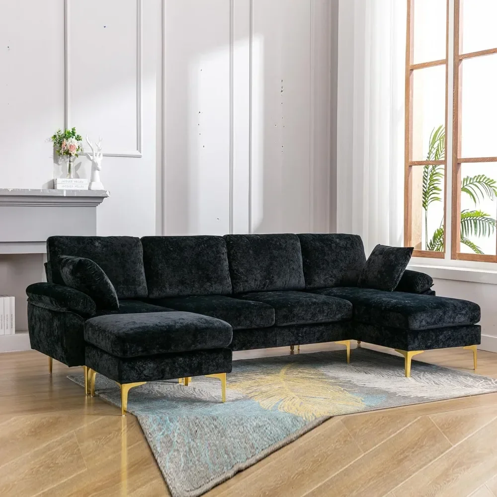 Modern Sectional Sofa U Shape Chenille Sofa with Ottoman, Reversible Sofa with Metal Legs for Living Room, Black