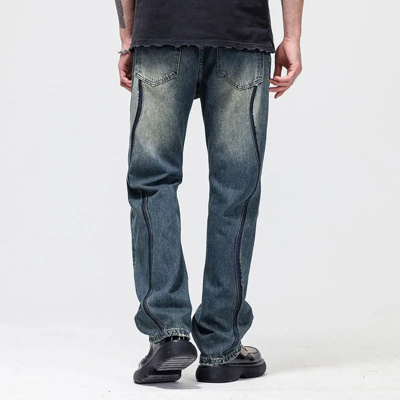 Personalized denim men's straight tube loose fitting vintage blue men jeans  American high street washed spring and autumn pants