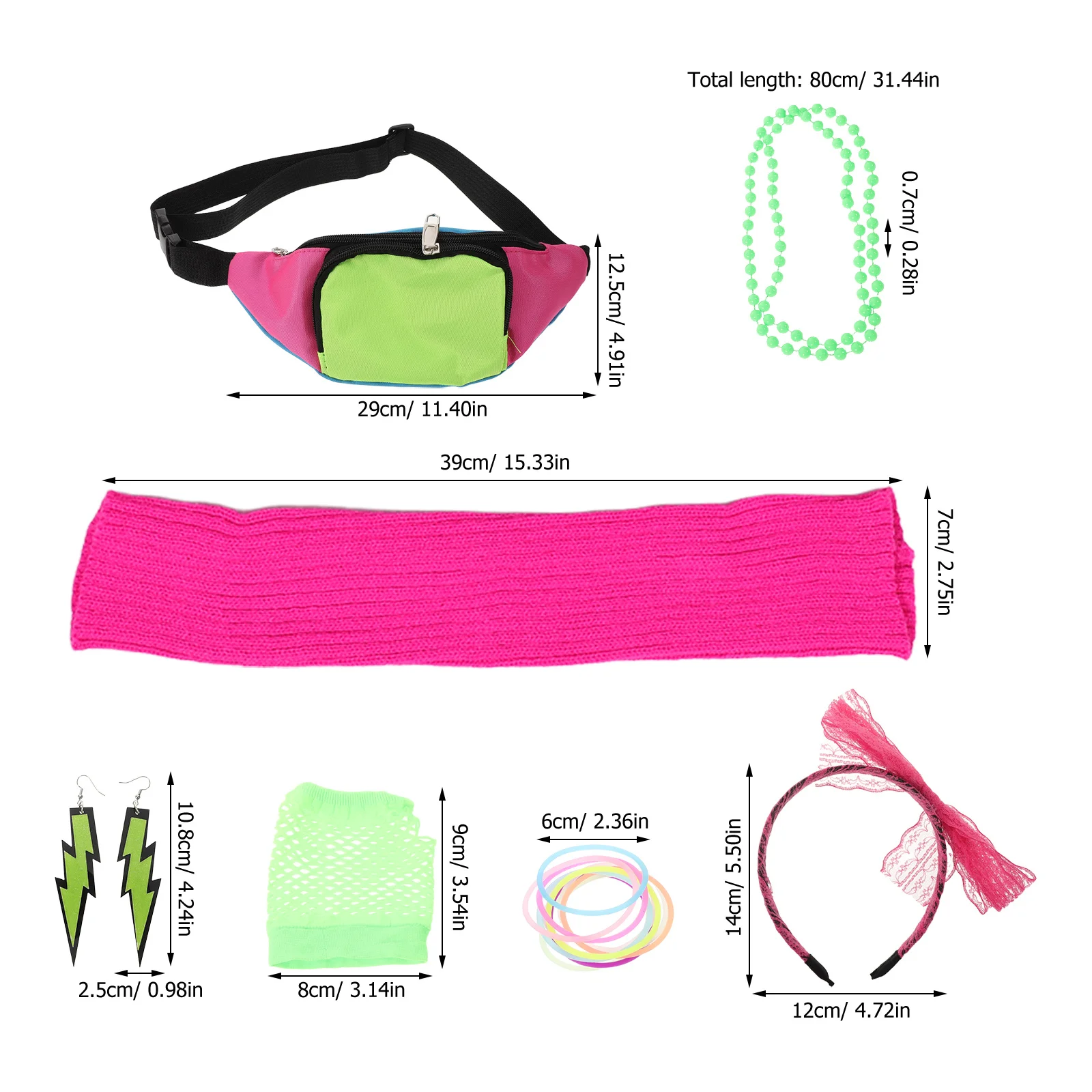 19개 네온 파티 액세서리 세트 클래식 80년대 코스튬 주얼리 여성용 패니 팩 귀걸이 헤드밴드 손목밴드 레트로 포함