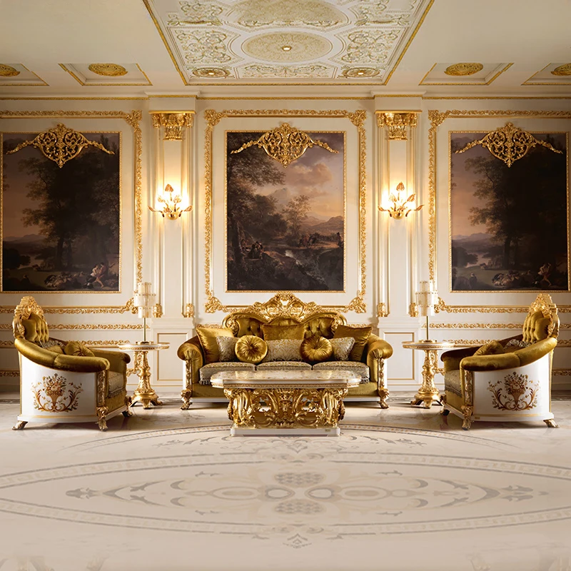!@Made in China Classical Design Living Room Furniture European-style Luxury Solid Wood Hand-carved Sofa