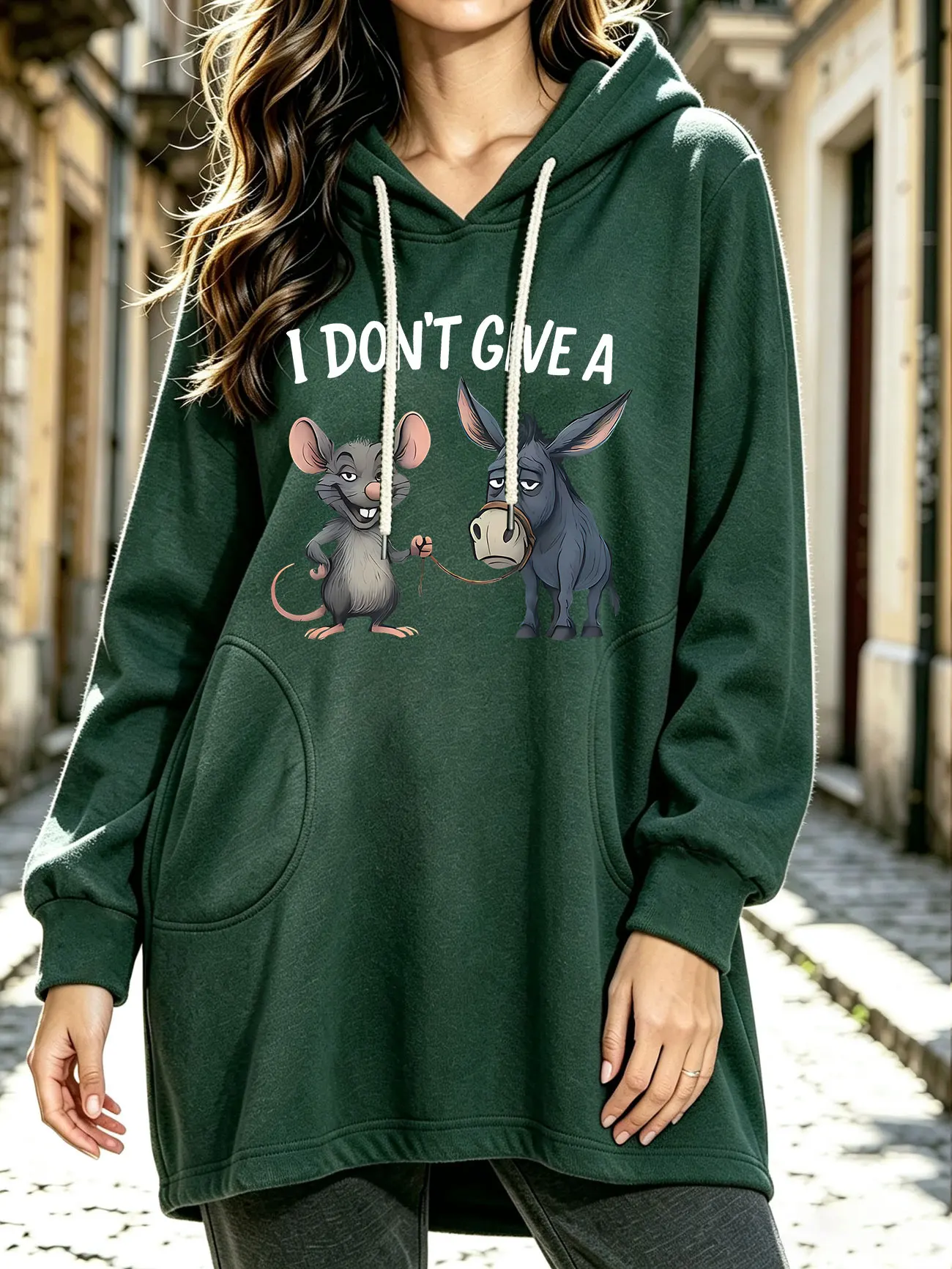 Women Autumn Winter Hoodie, Casual Hooded Pullover with Cartoon Mouse Pulling Donkey Graphic and Letter Print Tops