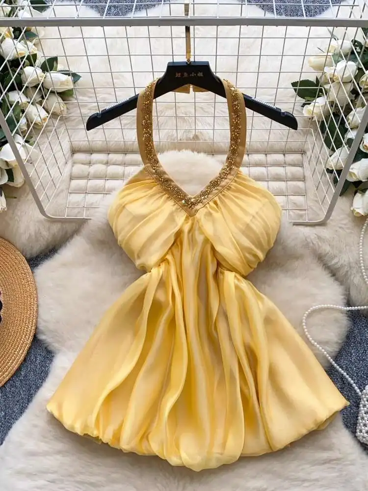 

Women Sexy Streetwear Blouse Summer Vintage Embroidered Pearl Sequin Hanging Neck Camisole Korean Top