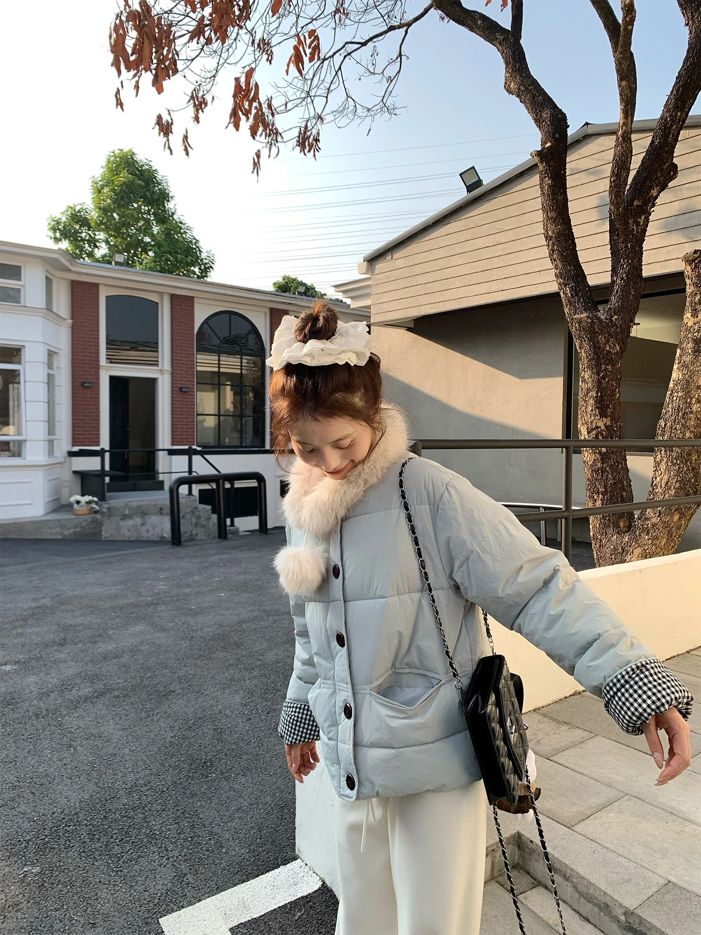 

Женская зимняя куртка FAN из утепленного хлопка с меховым воротником, свободный крой, новинка, повседневная верхняя одежда в клетку