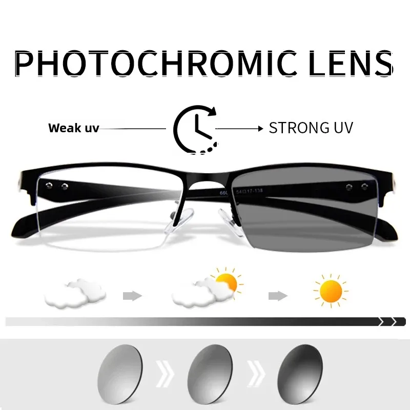 Sunglass Reading Glasses Photochromic lenses Half frame, Presbyopia Eyeglasses Anti Fatigue Diopters To +4.0