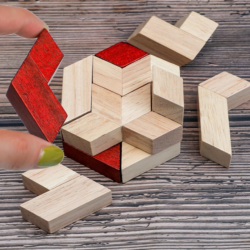 Hexagon Wooden 3D Puzzle LuBan Lock Brain Teaser Puzzles For Kids Mind Development Game Montessori Educational Toys