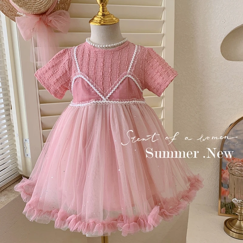 2025 Summer New 2 3 4 5 6 7 8 9 10 Years Children Short Sleeve Lace Patchwork Candy Color Ball Gown Dress For Kids Baby Girl