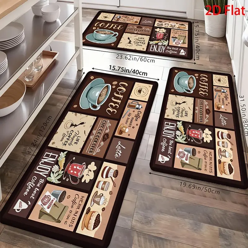 VIKAMA Coffee Themed Kitchen Area Rug Soft Non Slip Indoor Outdoor Entryway Rug Retro Collage Slogan Print Washable Home Decor