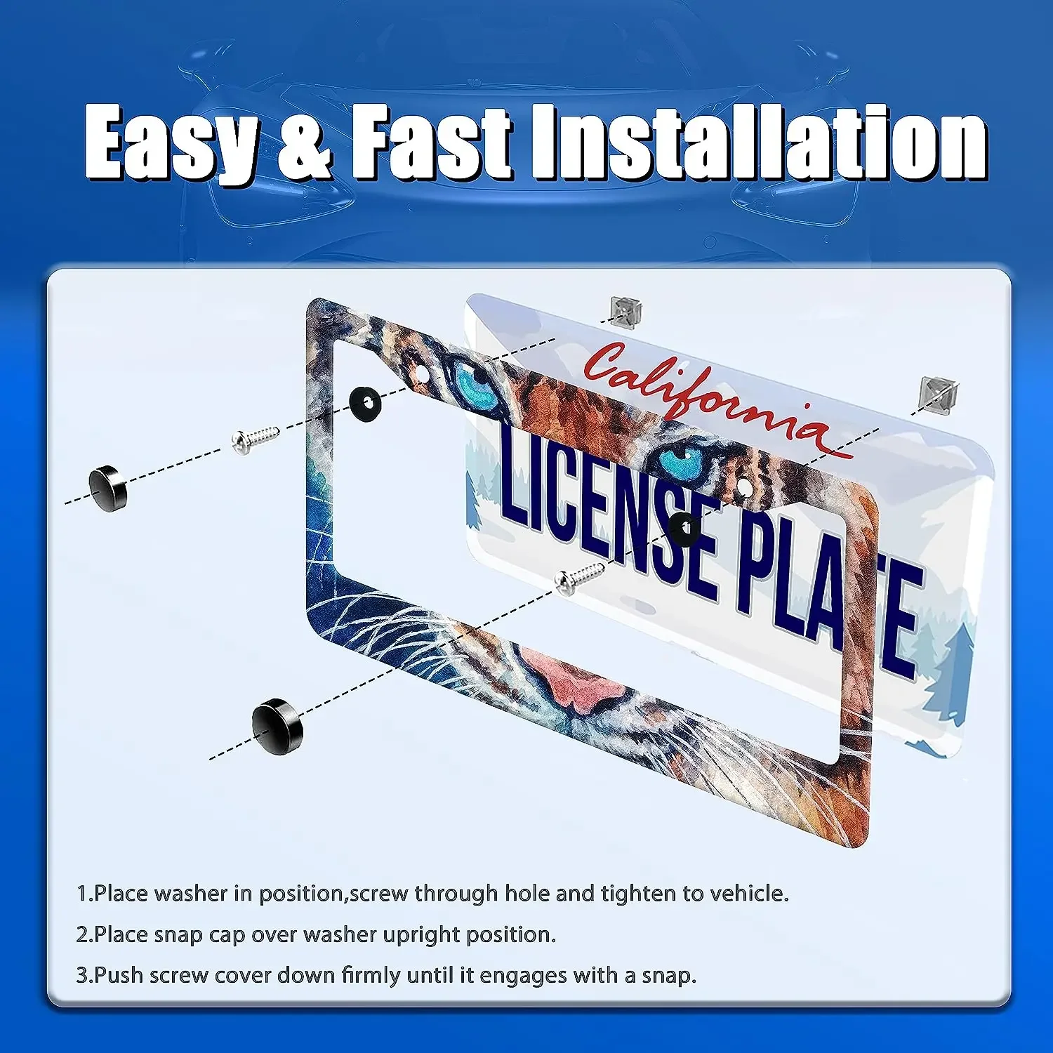 Tiger License Plate Wild Animal License Plate Frame Funny License Plate with Screws and Screws Caps for US Women Men Gifts