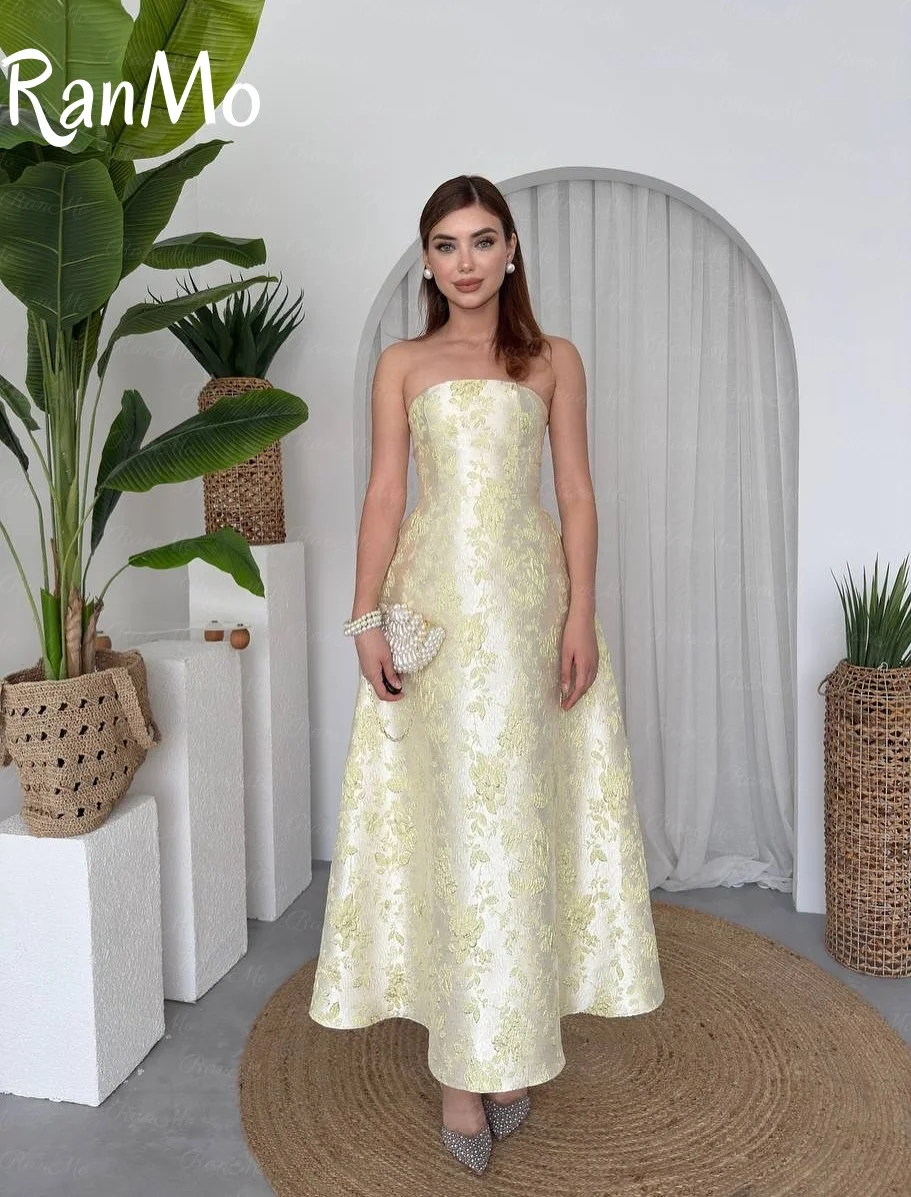 Ranmo 2025 새로운 겸손한 노란색 자카드 드레스 이브닝 드레스 민소매 새틴 맞춤형 사우디 아라비아 Vestidos De Festa Customized