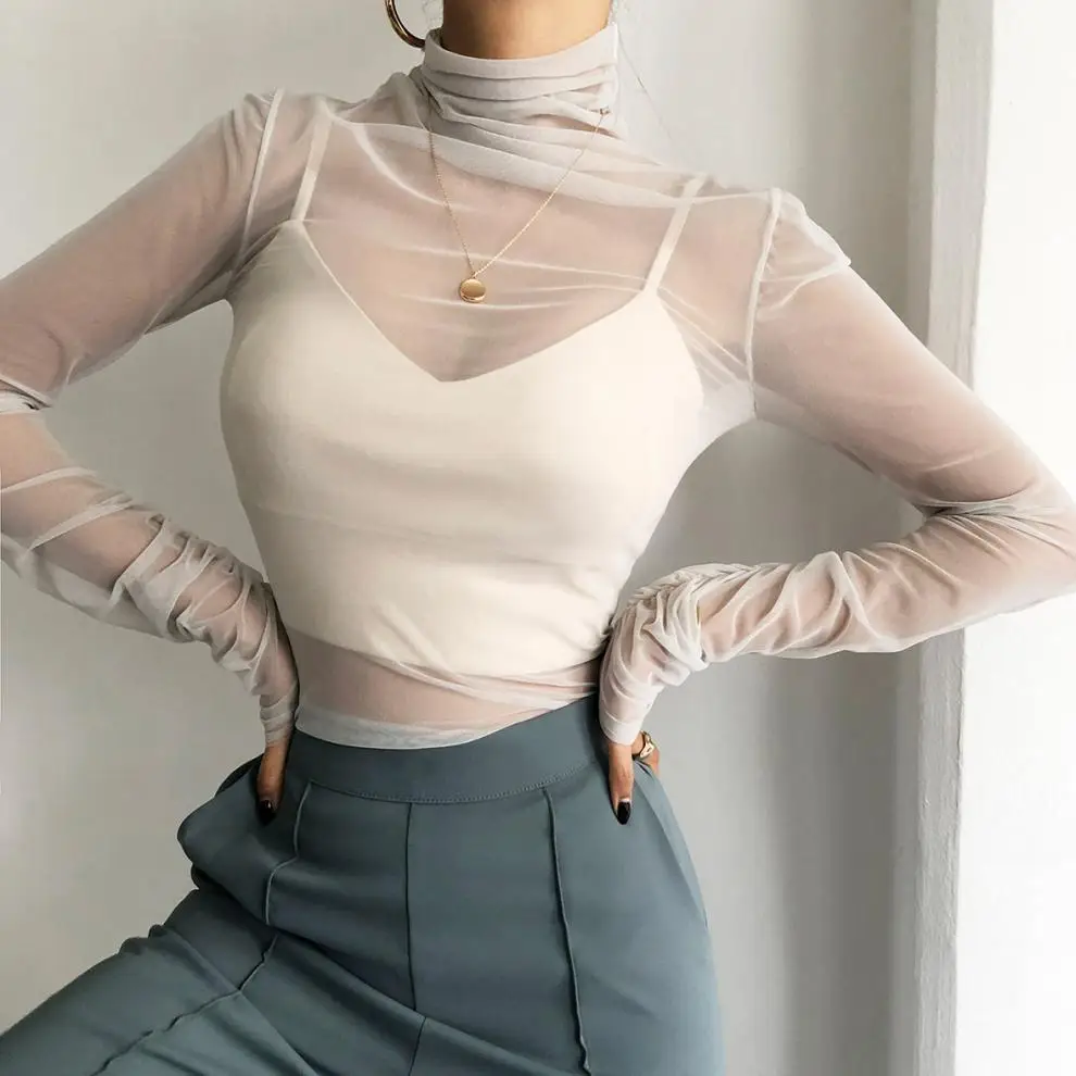 See Through Mesh Top Women T Shirt Y2k Clothes for Women Korean Fashion Summer White Long Sleeve Turtleneck Woman T-shirts 2024