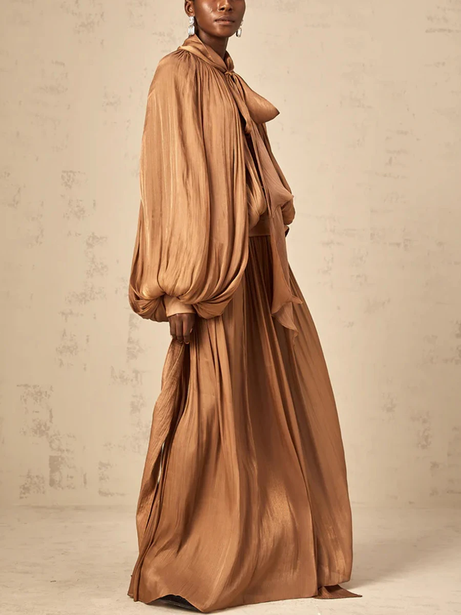 CHICEVER Luxury Chic Prom Robe for Women Scarf Collar Lantern Sleeve High Waist Temperament Pleated Evening Dress Female Clothes