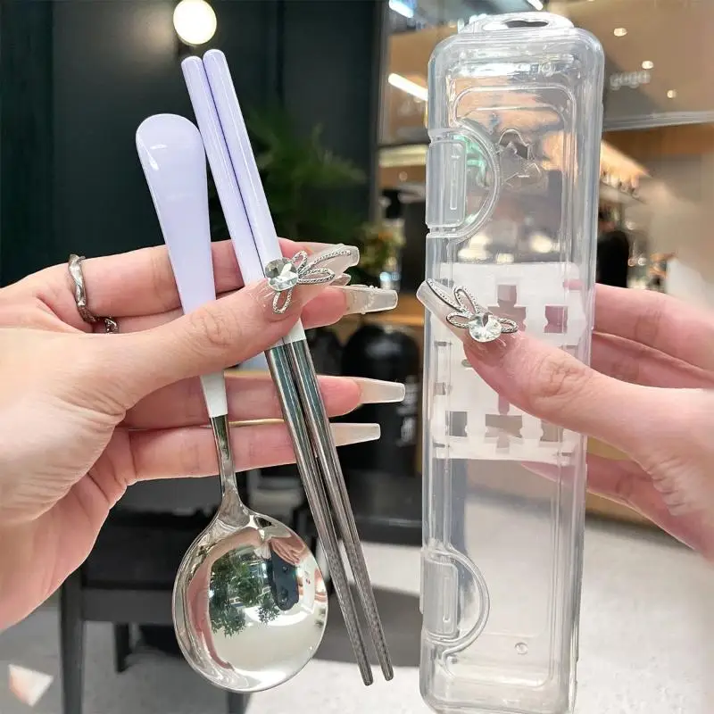

Portable Stainless Steel Cutlery Set With Box - Spoon Chopsticks Student Travel Korean Style Kitchen Supply