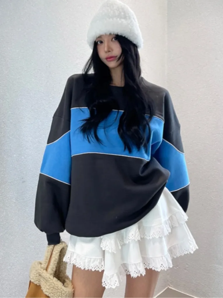 

Dongda Gate Anti-Aging Autumn Winter Hoodie round Ne Long Sve Loose Fit Patchwork Street Sle Women's Knitwear