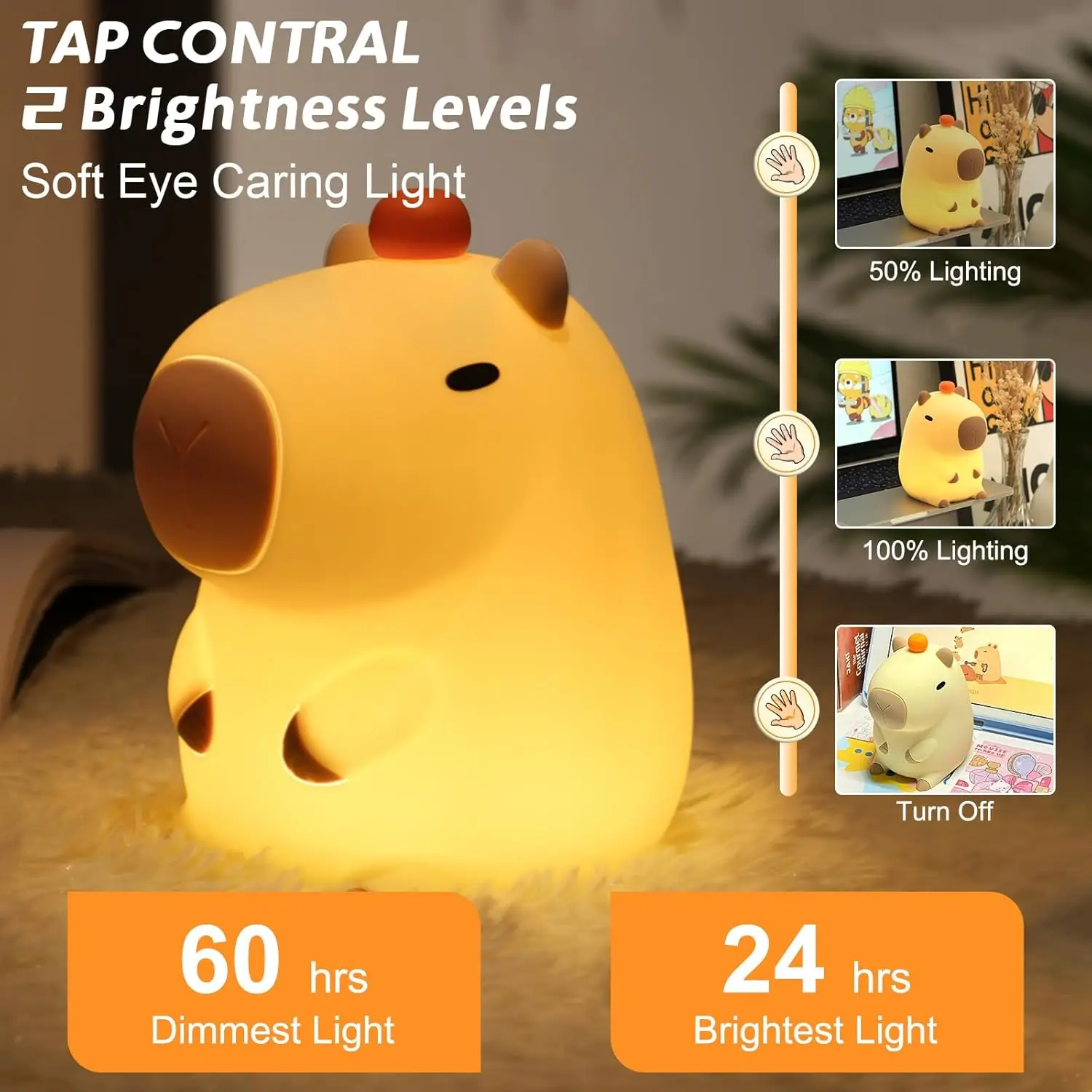 Capybara Night Light Cute Animal Soft Silicone Lamp Dimmable Timer Portable Rechargeable Kid Baby Gift Nightlight Bedroom Decor