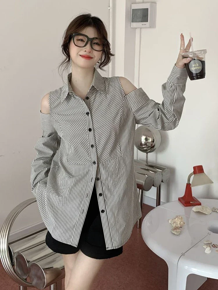 中空アウトストライプシャツ女性カジュアル長袖オフショルダーブラウス韓国ヴィンテージルーズデザイン女性レトロエレガントなトップ