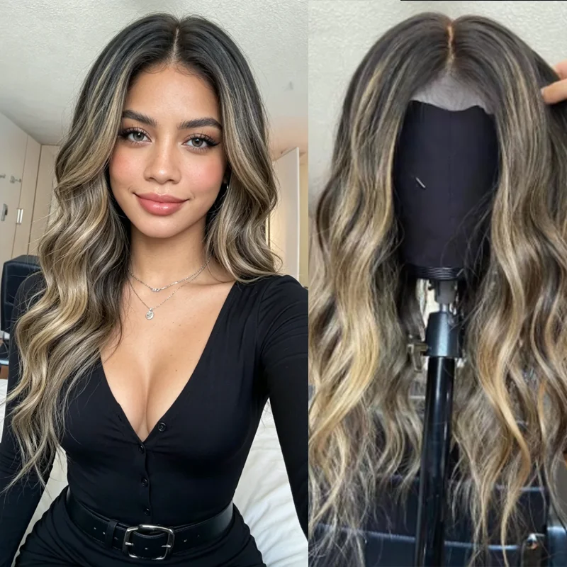 Highlights Long Brunette Balayage Wig 13x4 Body Wave Lace Front Wig for Women Synthetic with Dark Roots Glueless Wig