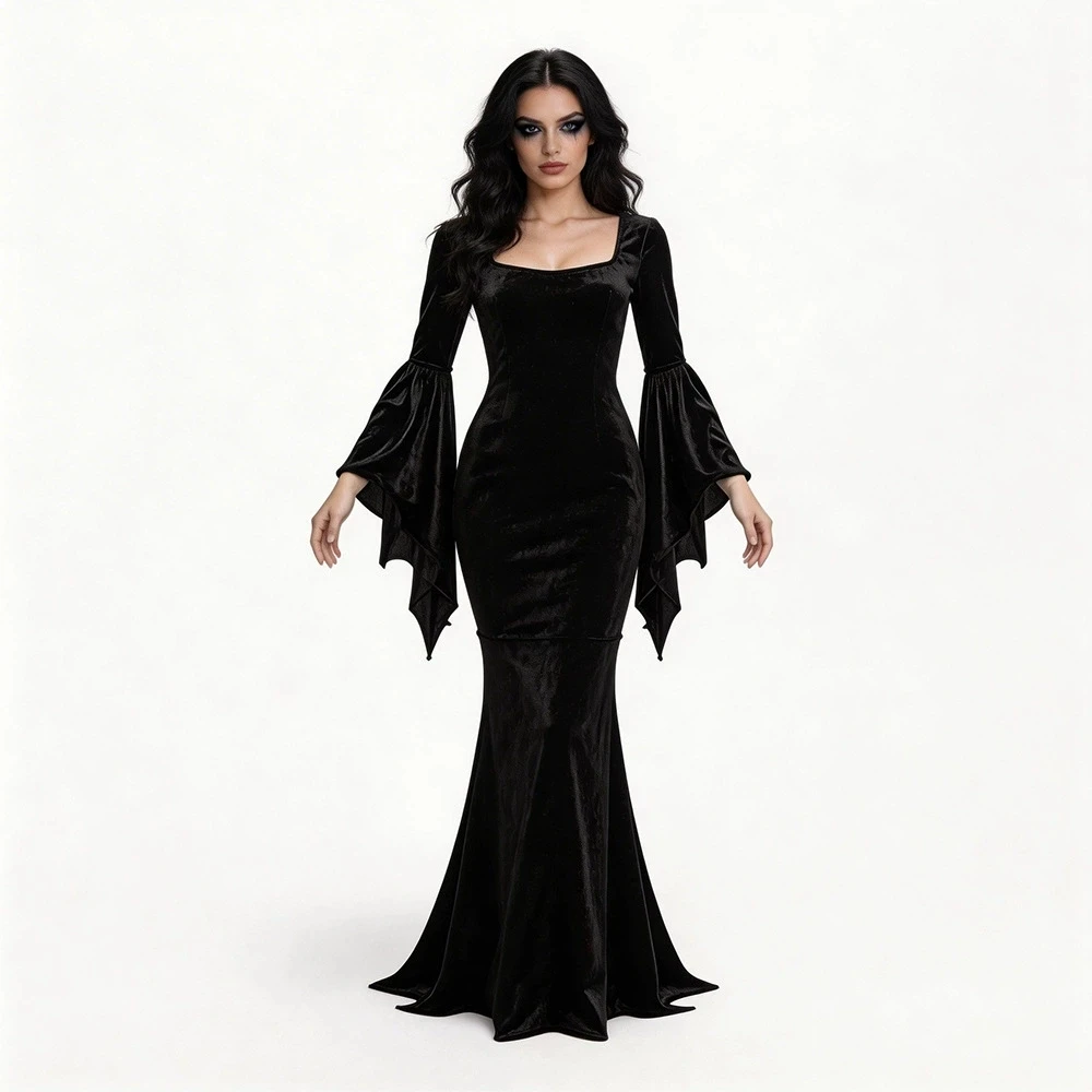 Disfraz de Halloween de Morticia Addams para Mujer, Vestido Negro Gótico con Mangas de Murciélago, Traje de Disfraz de Halloween