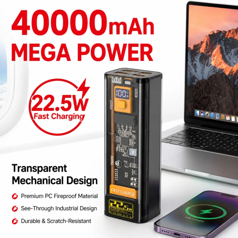 40000mAh 22.5W Fast Charging Power Bank Transparent Mechanical Portable Charger LED Display USB-C for Phone Laptop PowerBank