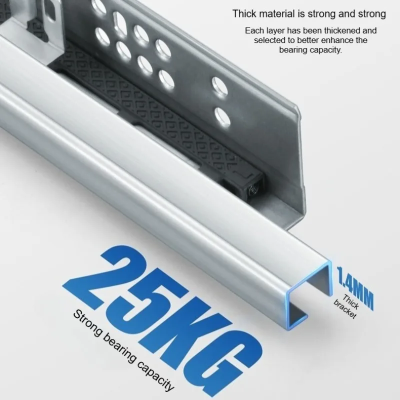 1.4 Thick side-mounted punch-free bottom slide rail The bottom of the cabinet hides the track drawer buffer guide rail.