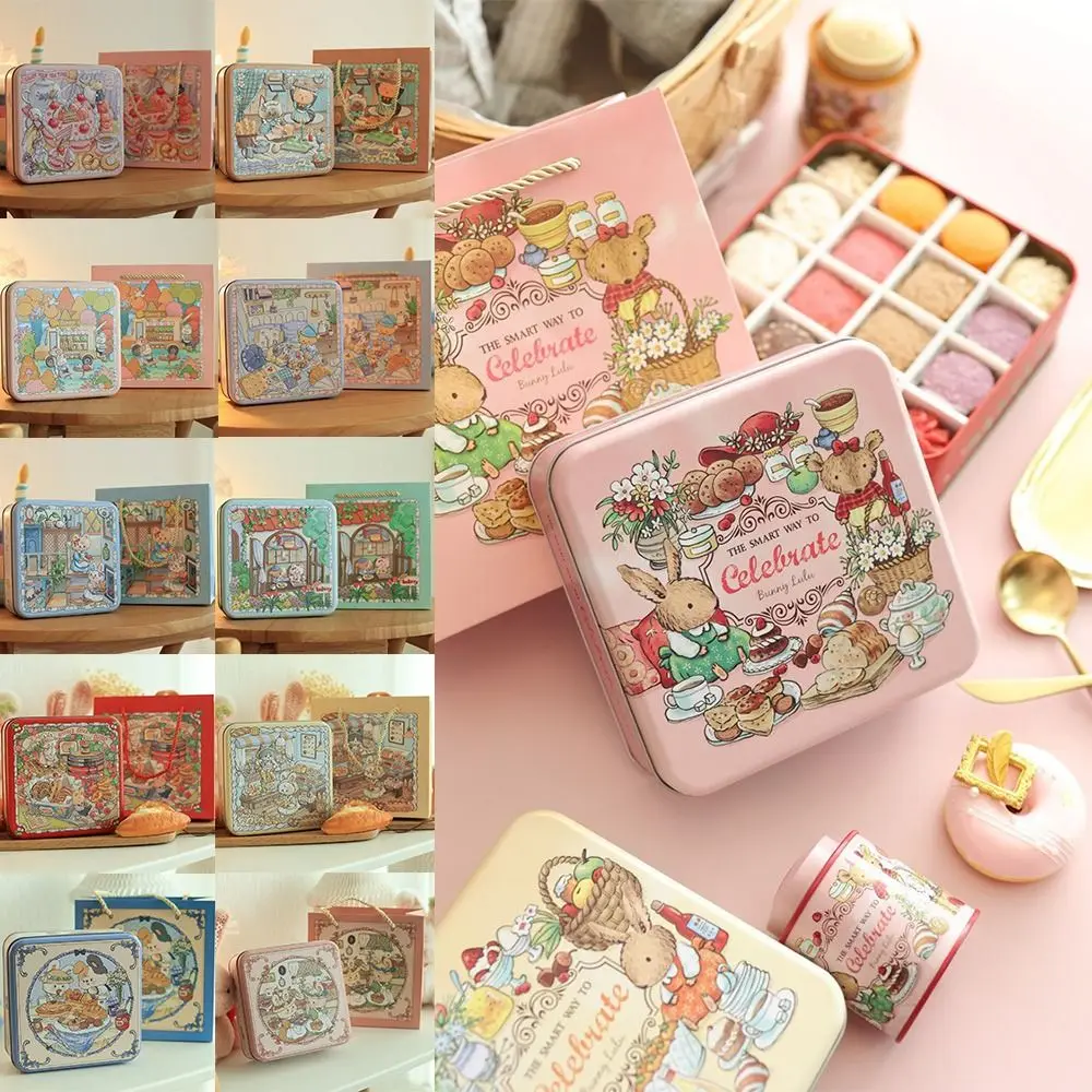 Durable Cartoon Rabbit Iron Box Multicolor 17*17*6cm Metal Storage Box with Lid Square Gift Box Tea Candy Cookies Cake Biscuits