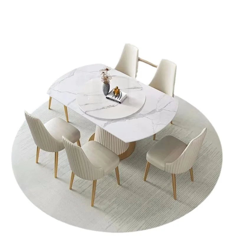 

Bright rock slab round table, turntable round telescopic, folding variable table and chair combination