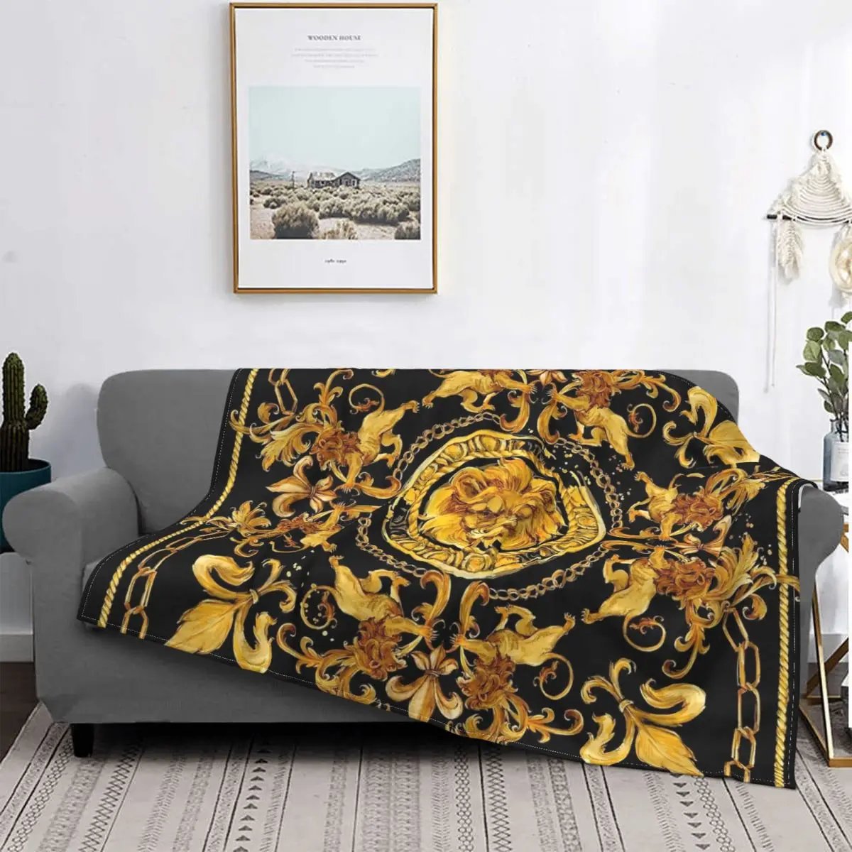 Golden Lion Luxury Design European Baroque Blankets Flannel Print Lightweight Thin Throw Blankets for Sofa Couch Quilt