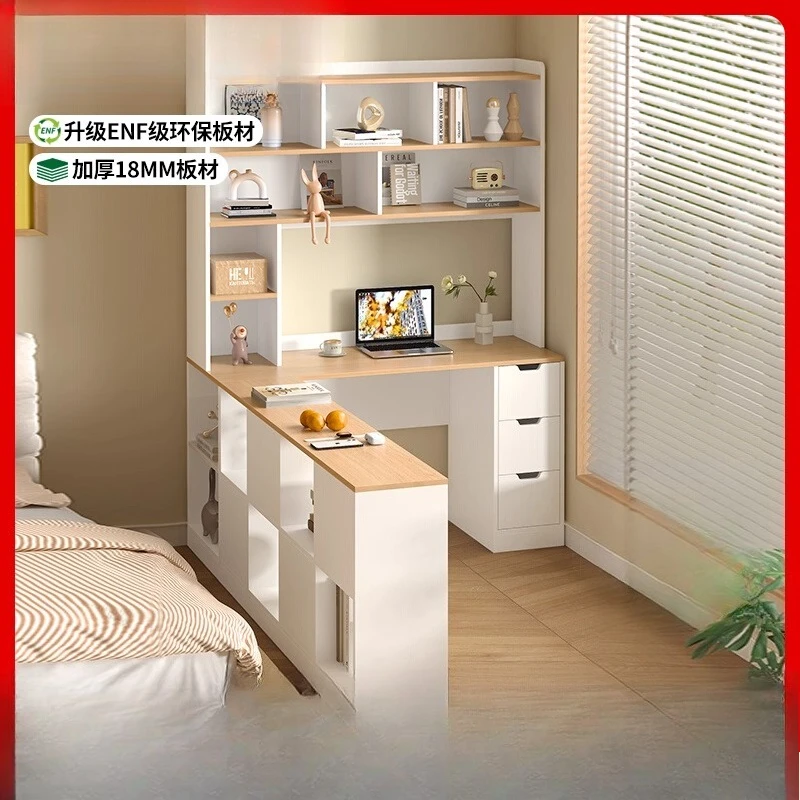 

Corner desk Bookcase Integrated combination Against the wall Cream wind Bedroom Children's writing study table L-shaped computer