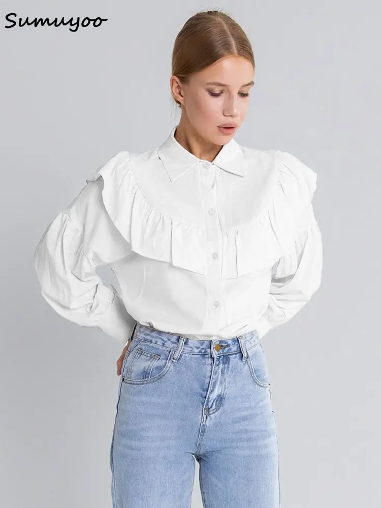 Sumuyoo Big Peter Pan Collar Ruffle Womens Blouse Long Sleeve Solid Cotton Casual Tops Female 2023, Wiosna Lato Frill Shirt