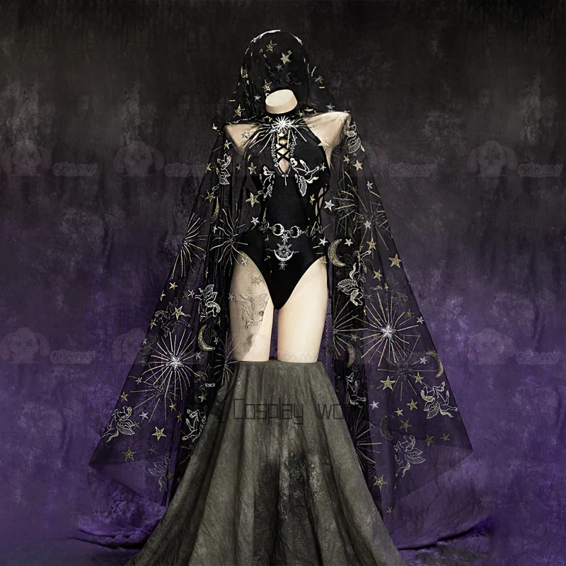 

Костюм для косплея Mystery Astrologer, женский темный готический плащ, боди, брошь, поясная цепочка, униформа, наряды для Хэллоуина