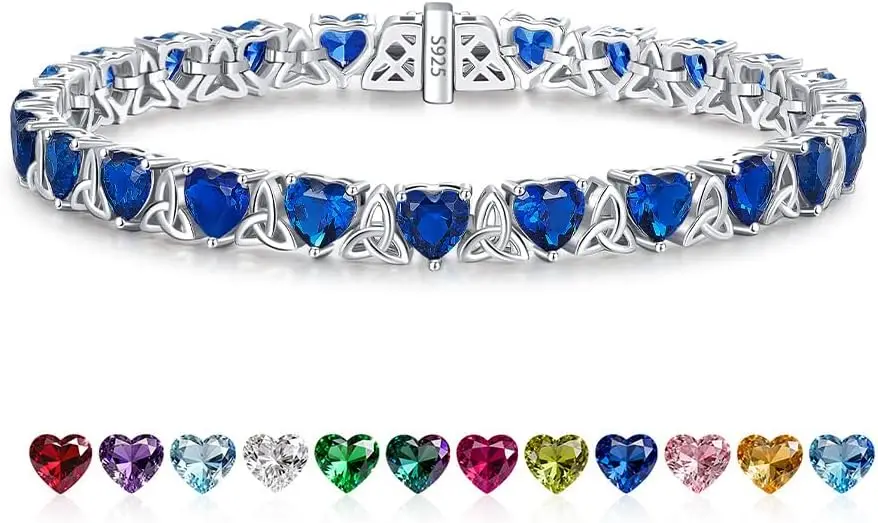 

Birthstone Tennis Bracelets for Women, 925 Sterling Silver Heart Shaped Celtic Trinity Knot, 7 Inch Charm Trendy Hypoallergenic Anniversary Birthday Gifts