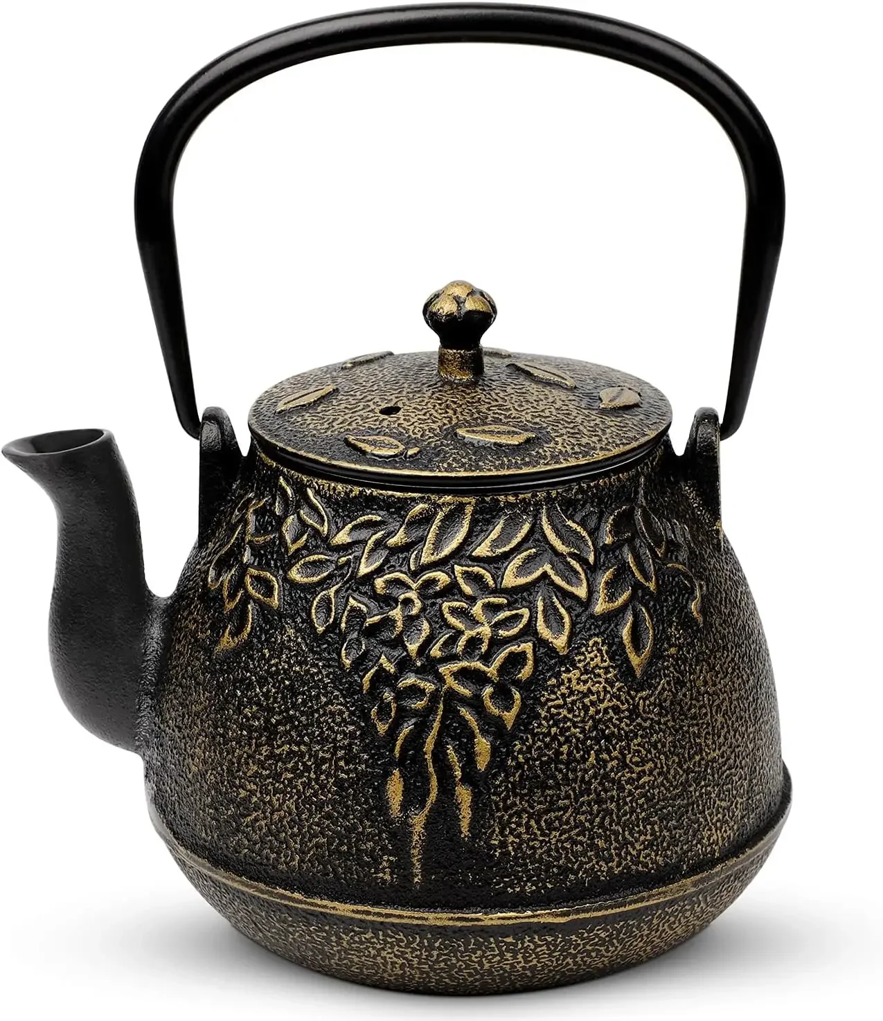 

Japanese Cast Iron Tea Pot with Enameled Interior, 32 Ounce Stove Top Kettle, Leaf Design Black