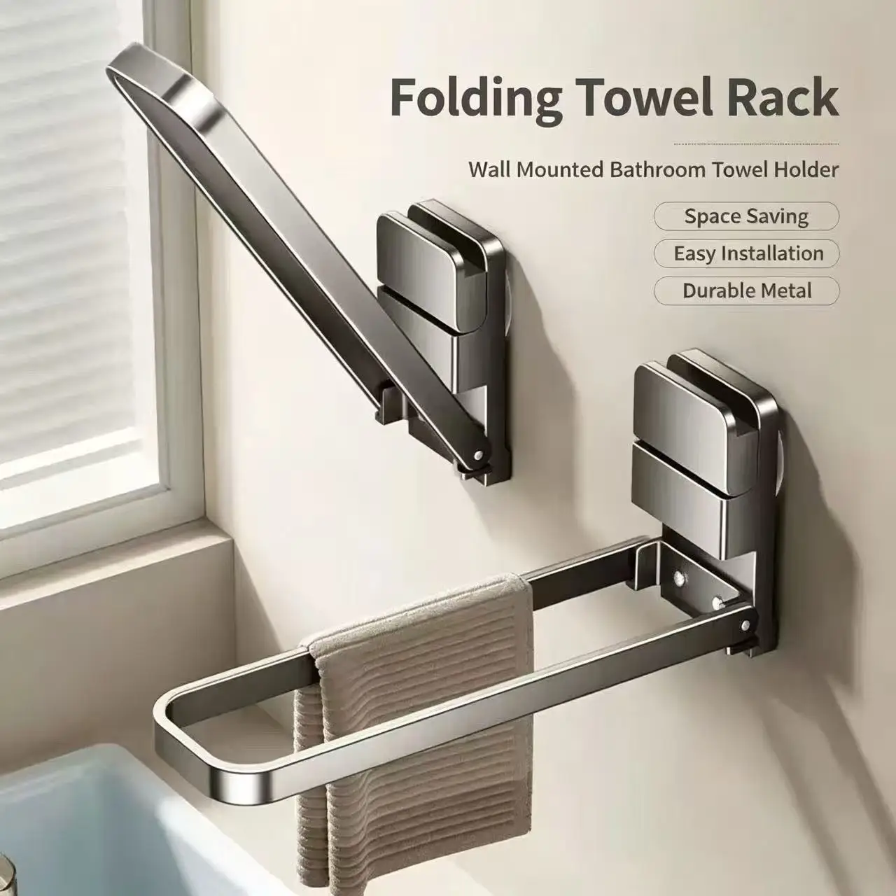 Foldable Bathroom Towel Rack Suction Cup Type Wall Hanging Hand Towel Holder No Drilling Required Storage Rack for Bathrooms