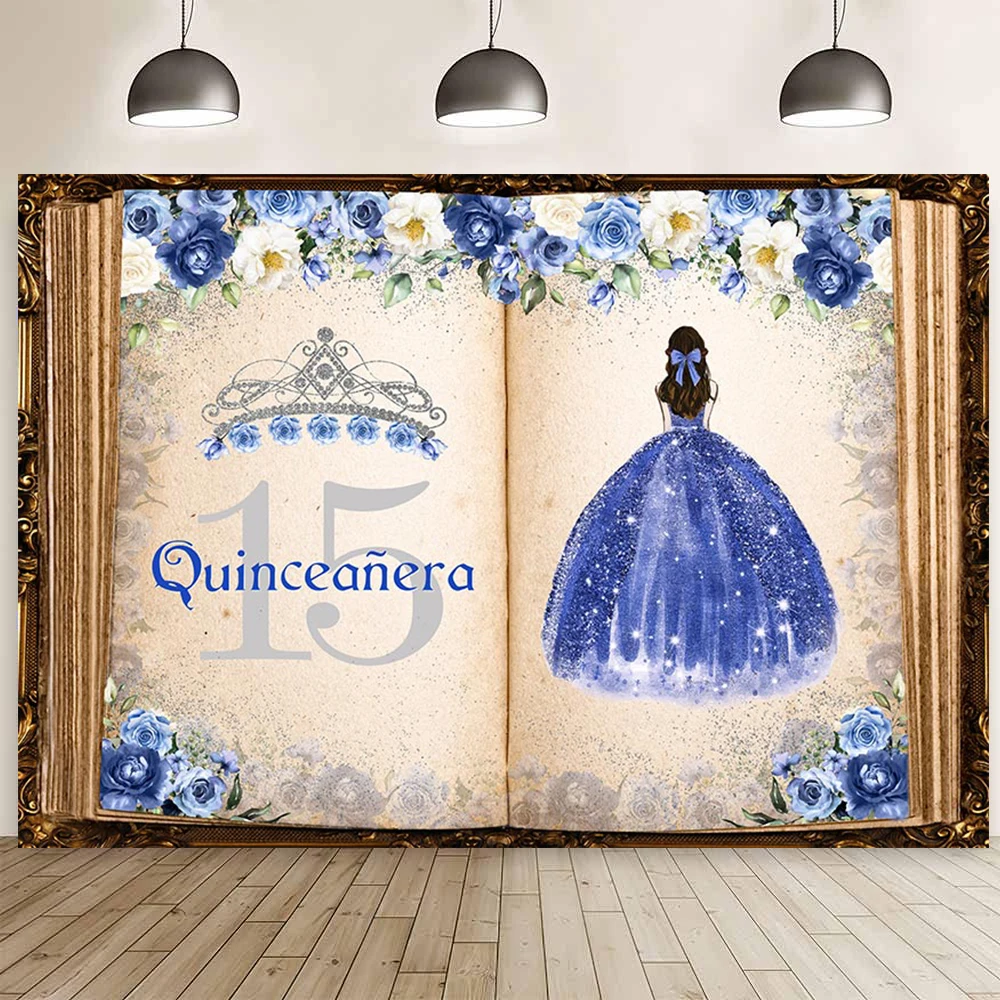 Quinceanera 15th Birthday Backdrop for Sweet Girl Party Decorations Fairy Tale Books Floral Crown Banner Photography Background