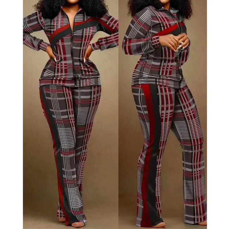 African Fashion Two Piece Set Women Outfit 2024 Autumn Geometric Print Stand Collar Long Sleeve Zip Up Top & Casual Pants Set
