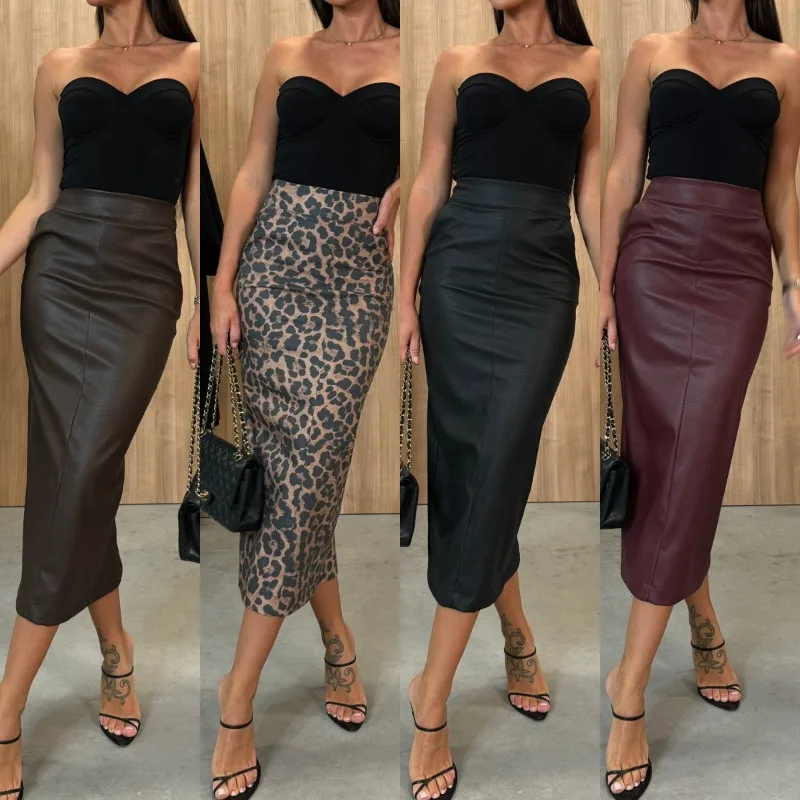 

Skirts Women Fall Winter Elegant High-waisted Slit Leather Skirt Fitted Pockets Pencil Skirt Comfortable Minimalist Casual Niche