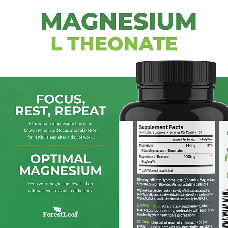 Magnesium L-Threonate, Focus and Memory Enhancer, Supports Nerve Function, Muscle Strength, Bone and Joint Health, 90 Capsules