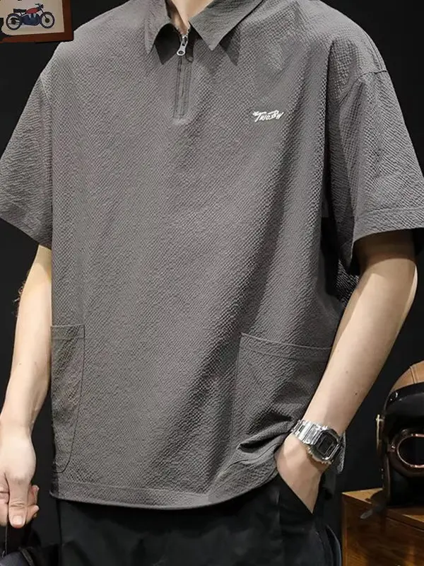 

Ice Silk irt Men's ort Sve Turn-down Collar plus Size Trendy Summer Faion Youth Casual T-irt f Sve Top