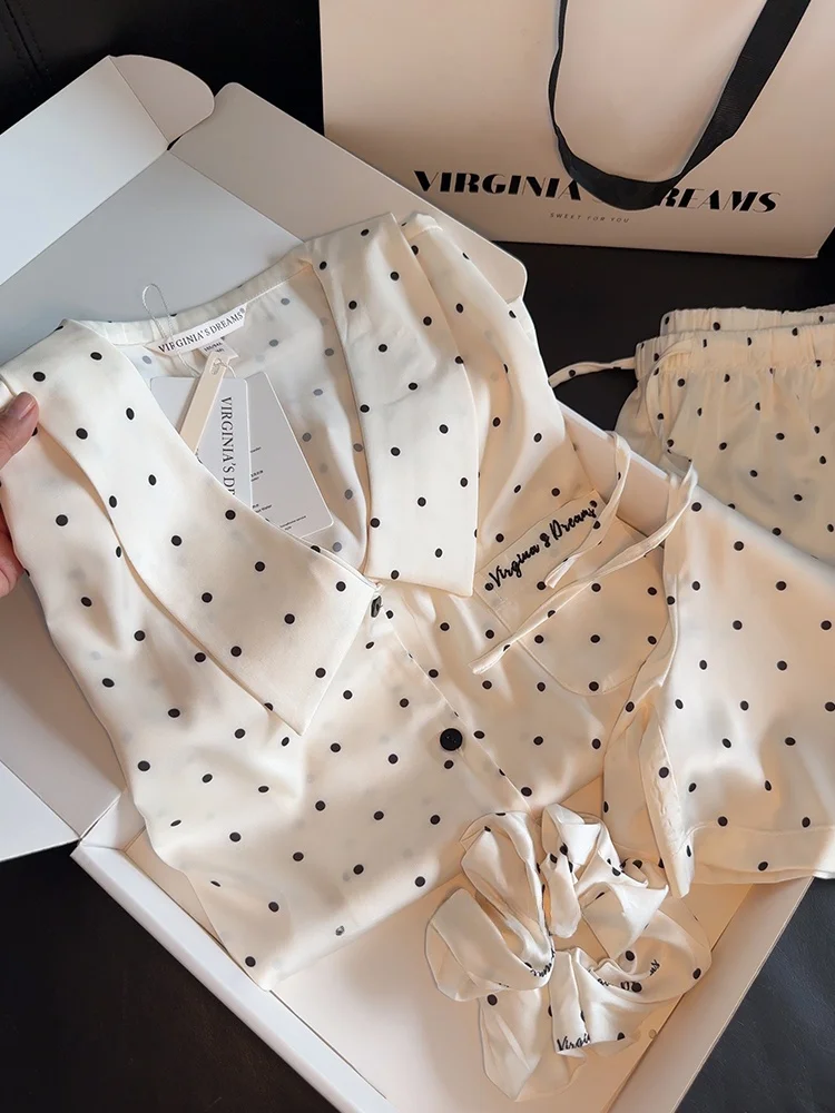 sweet-ice-silk-short-sleeve-sleepwear-women's-birthday-gift-girlfriend-home-clothes-polka-dot-tea-milk-short-sleeve-nightgown
