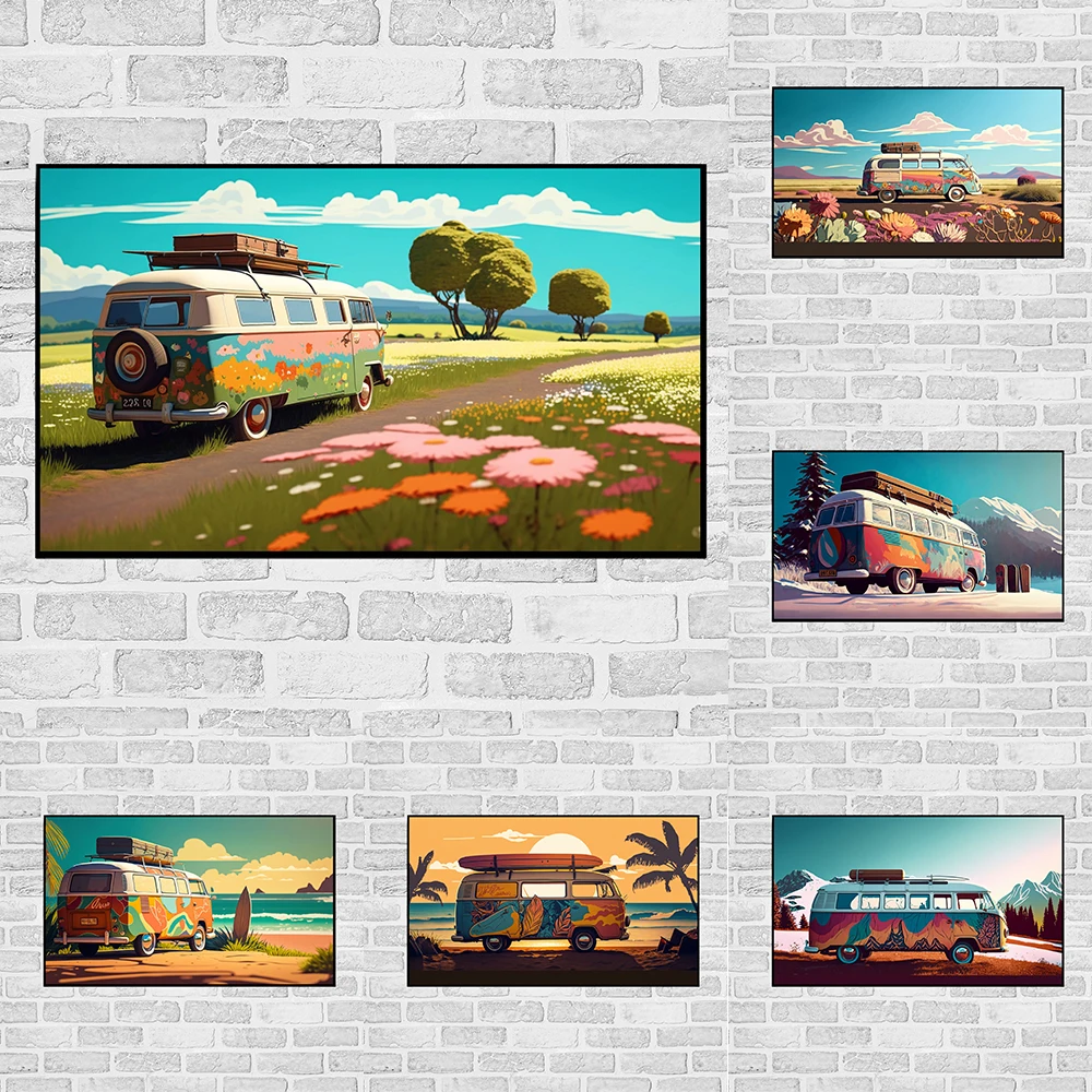 

Vintage Bus Flowers Travel Poster And Print Summer Vacation Surf Sunset Tropical Beach Canvas Painting Wall Art Room Home Decor