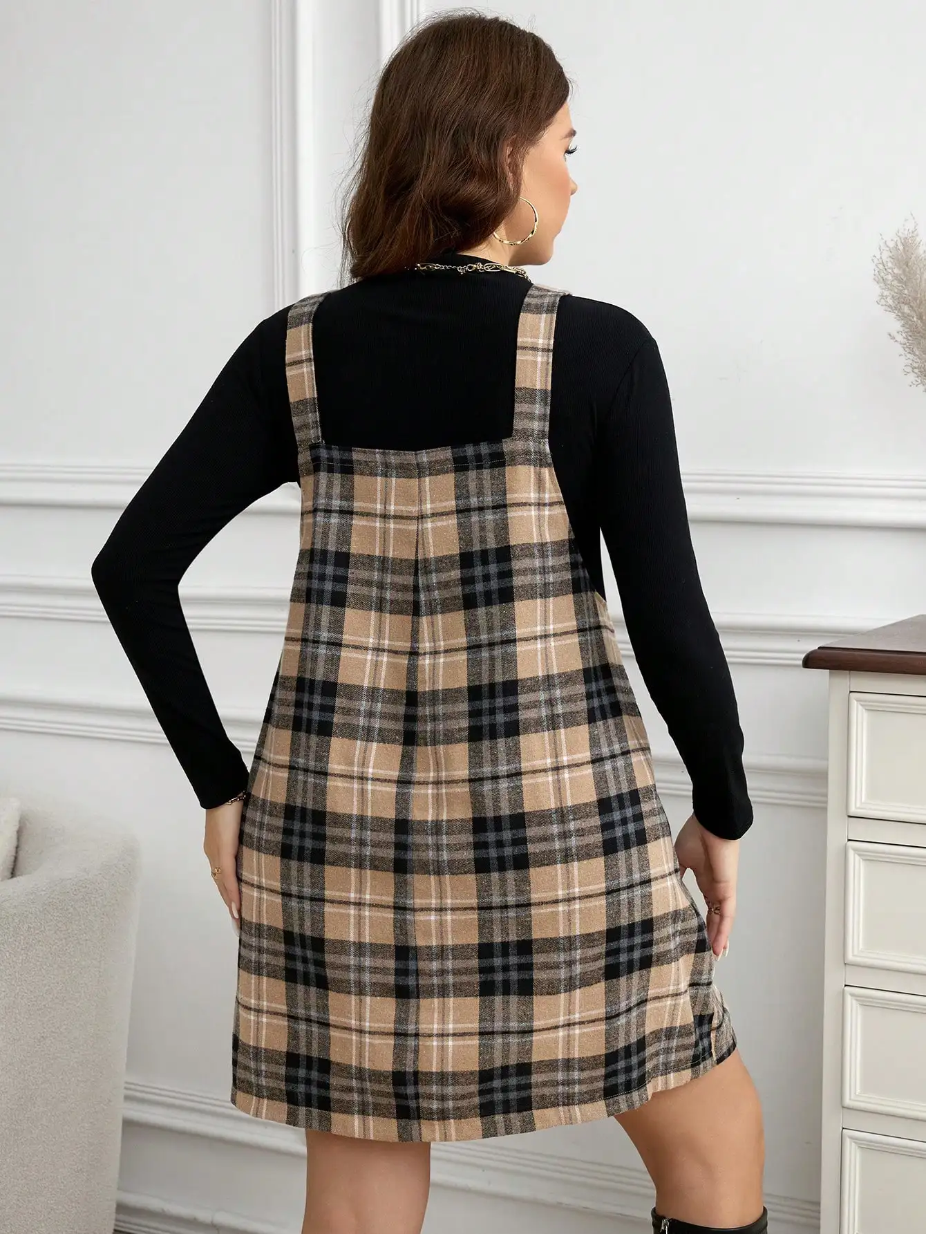 Grande taille sangle ample bouton poche Plaid décontracté Mini robe grande taille automne vêtements robes pour les femmes