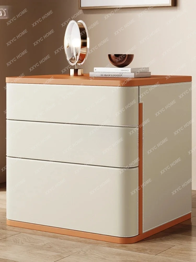 Creative and simple modern three-layer all-solid wood bedside table saddle leather