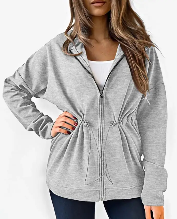 

Women's Jacket 2025 Spring Autumn New Solid Color Long Sleeve Waist Drawstring Hooded Coat Casual Loose Fit Cardigan Jacket