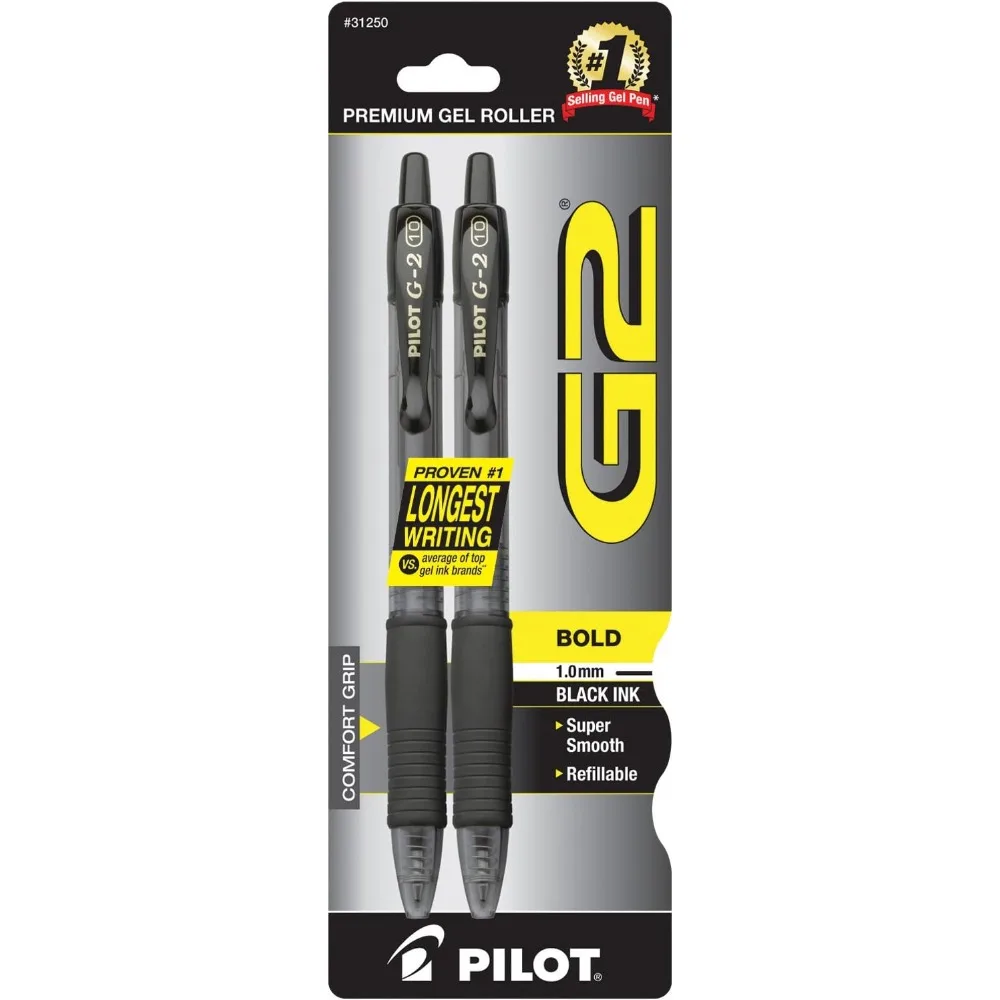 

Pilot G2 Premium Refillable & Retractable Rolling Ball Gel Pens, Bold Point, Bold Gel Pens, 1.0 mm, Black Ink, 2-Pack